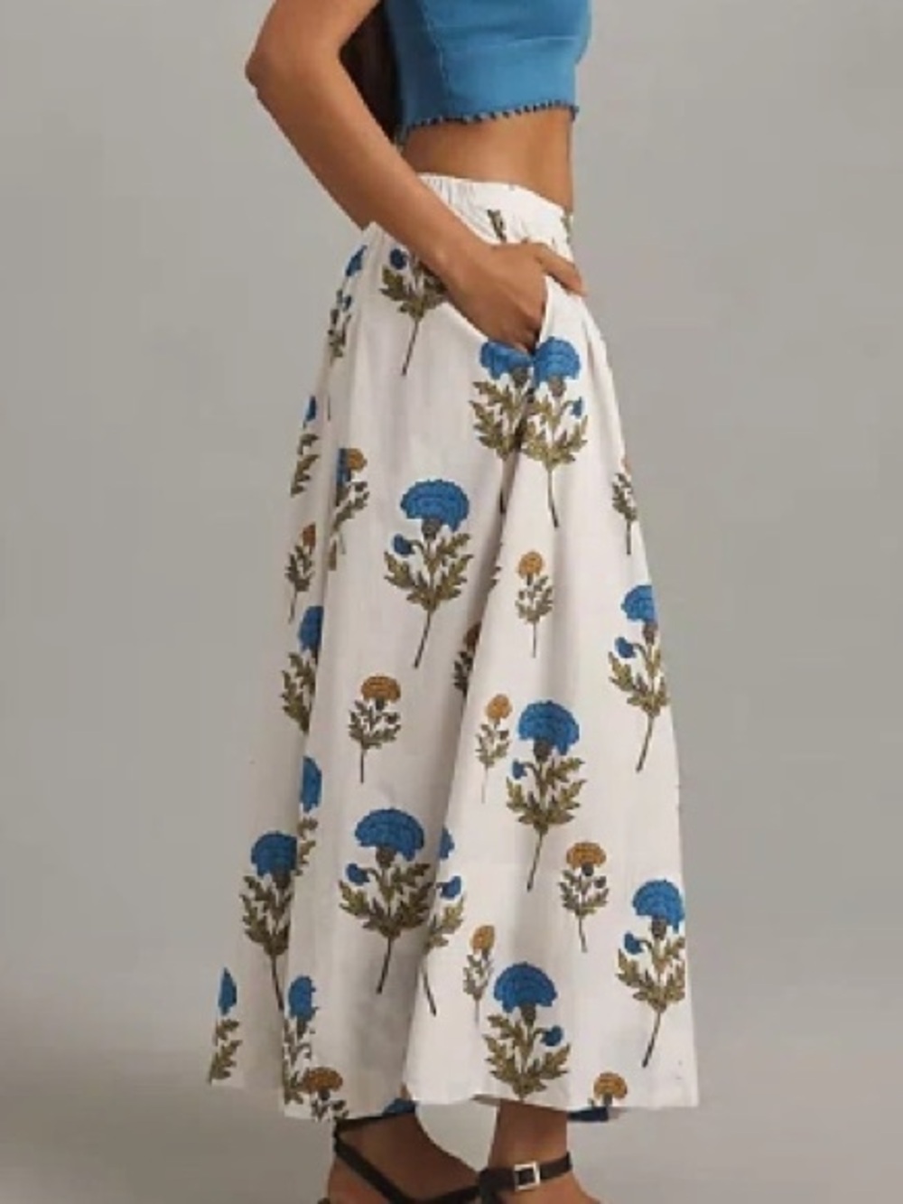 Anthropologie Maeve Jacie Poplin Printed Maxi Skirt White Blue Floral Size XS